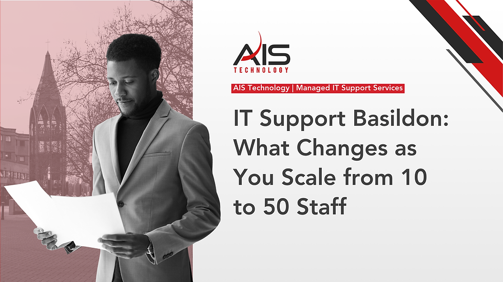 AIS Technology blog cover with a man reading papers, Basildon backdrop, and text: IT Support Basilidon: What Changes as You Scale from 10 to 50 Staff