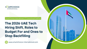 SmartChoice International blog post cover on 2026 UAE tech hiring shifts, with Dubai skyline, UAE flag, and smartchoice-international.com