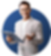 Smiling man holding clipboard, ready to assist