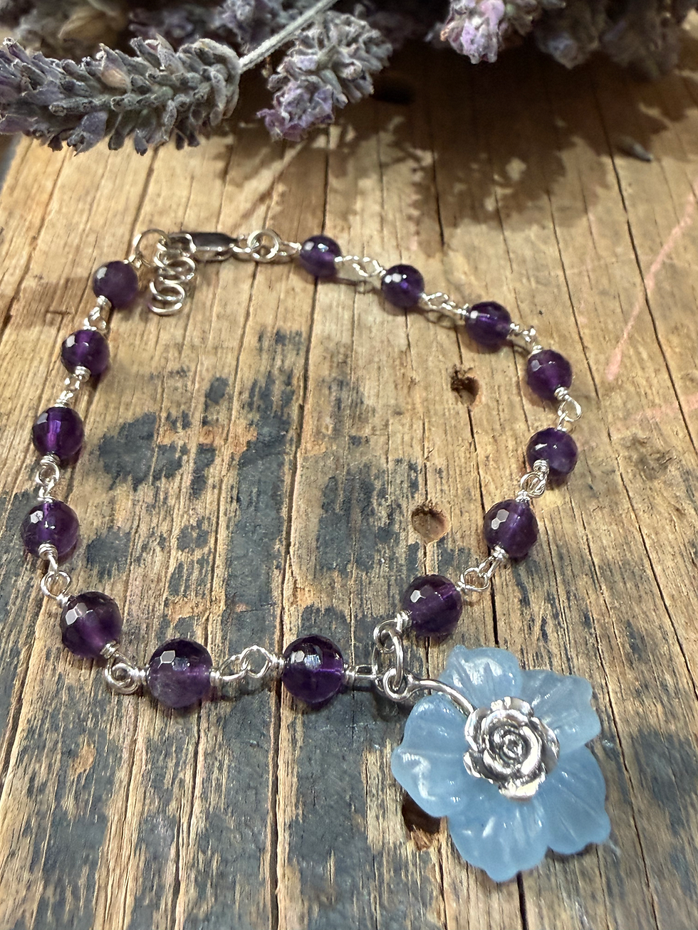 Miniatura: Pulseira ametista flor água marinha 