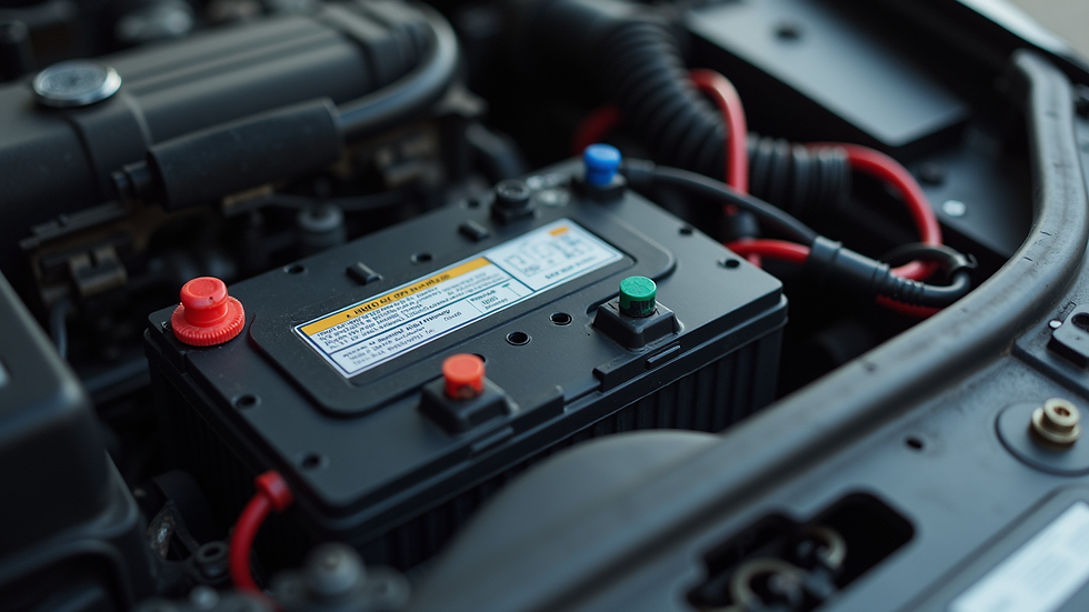 Close-up view of a car battery and electrical wiring under the hood