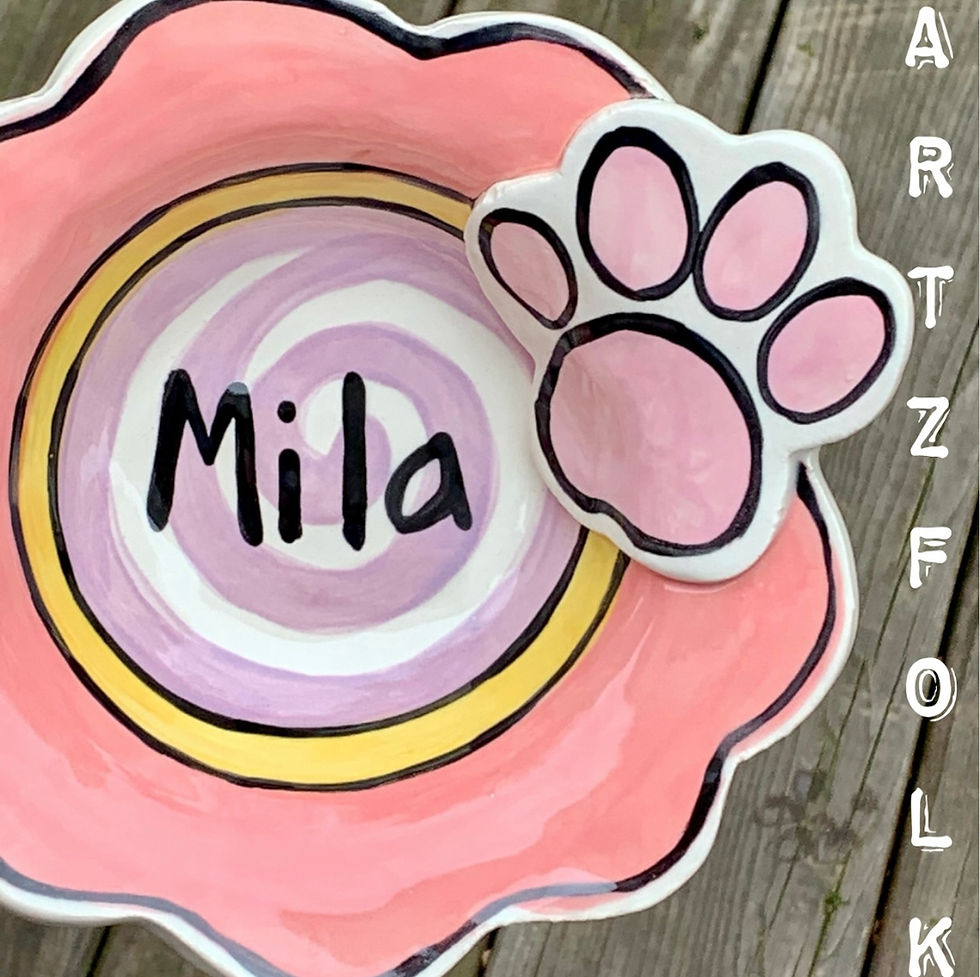 Thumbnail: Personalized handmade pottery dog bowl with bone