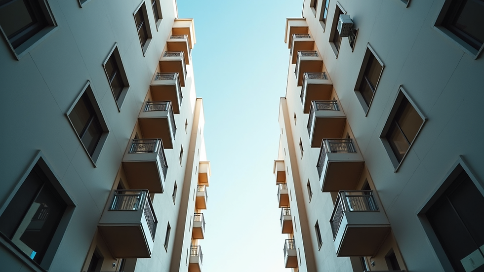 Eye-level view of a modern apartment building with balconies