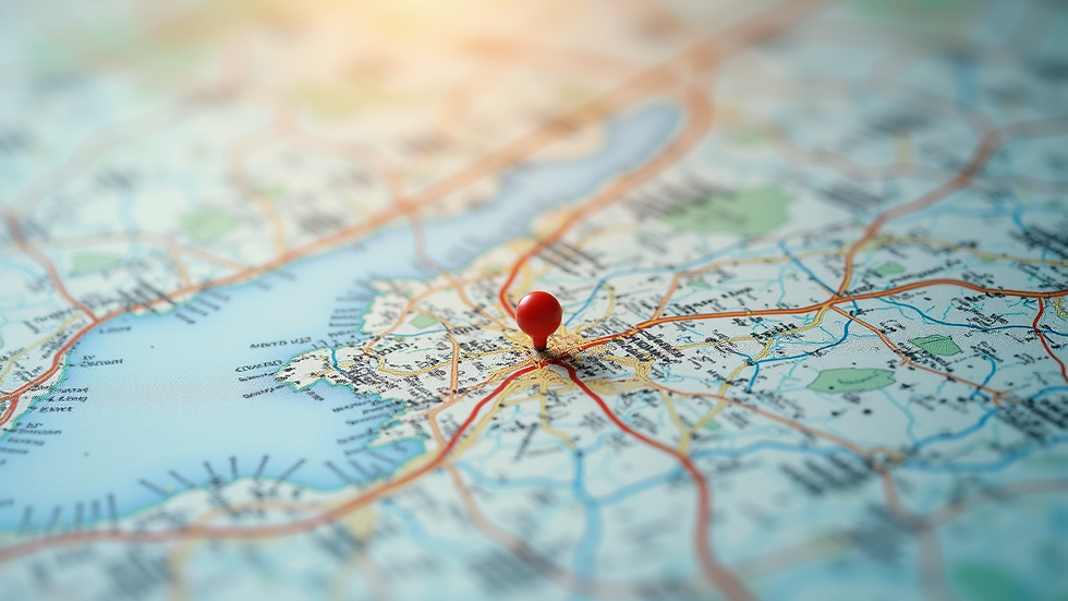 High angle view of a map with highlighted suburbs and property data points