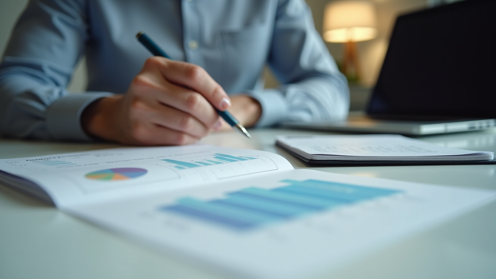 Close-up view of a person reviewing a property report with a laptop and notes
