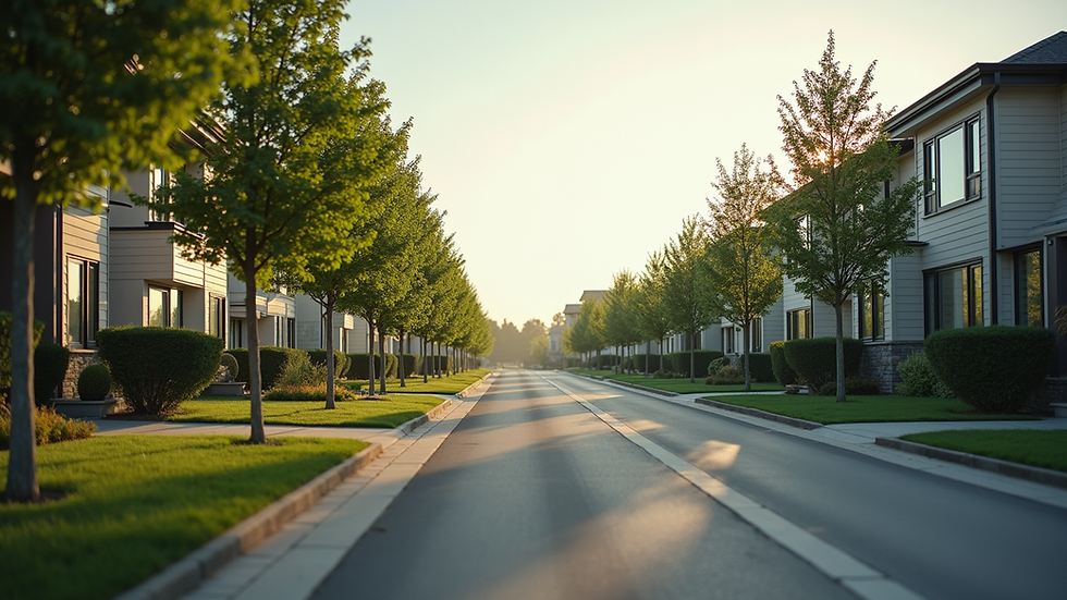 Eye-level view of a quiet suburban street with modern houses and green trees