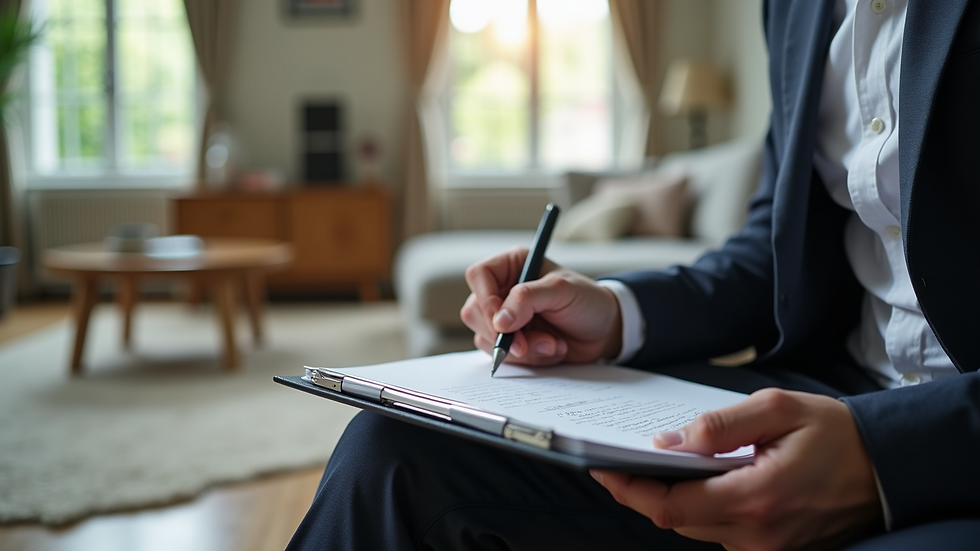 Close-up view of an appraiser taking notes inside a living room