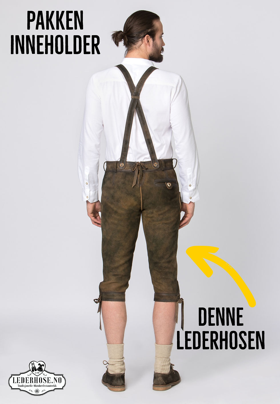 Miniatyrbilde: Oktoberfest kostyme med lederhosen-skinnbukse, blå skjorte og strømper