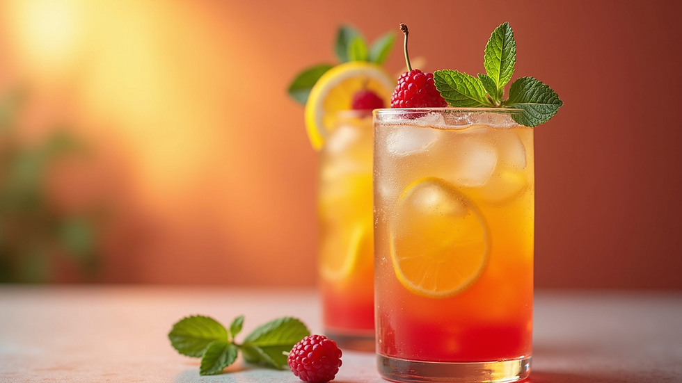 Close-up view of a colorful mocktail garnished with fresh mint and fruit slices
