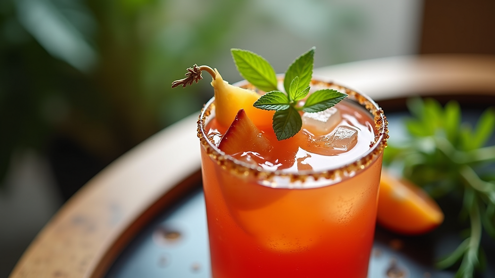 Close-up view of a beautifully garnished cocktail with fresh herbs and fruit