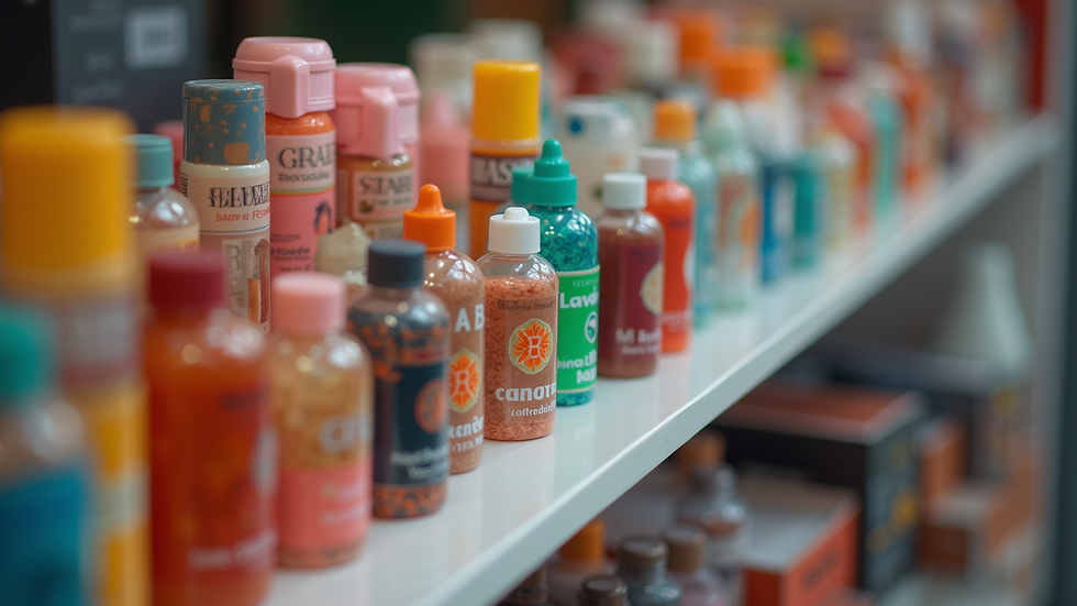Eye-level view of a colorful array of promotional products on display