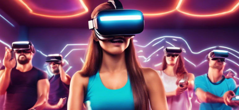 8 people. men and women having a vip treatment playing virtual reality game inside a gym h