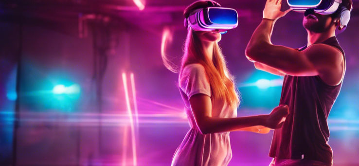 man and woman on a date playing virtual reality game inside a gym hall where they are danc