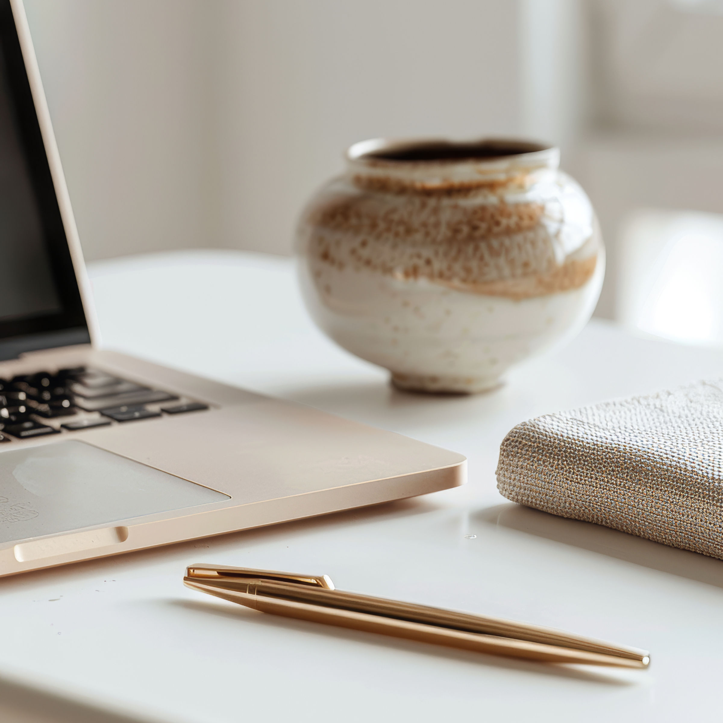Laptop and pen in a calming scene.