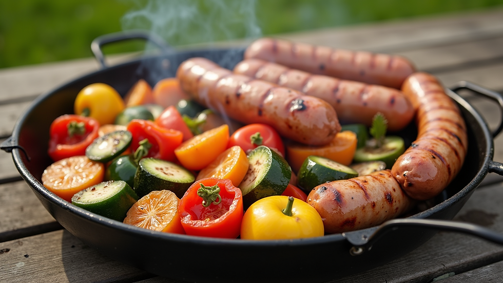 High angle view of grilled vegetables and sausages on a picnic table