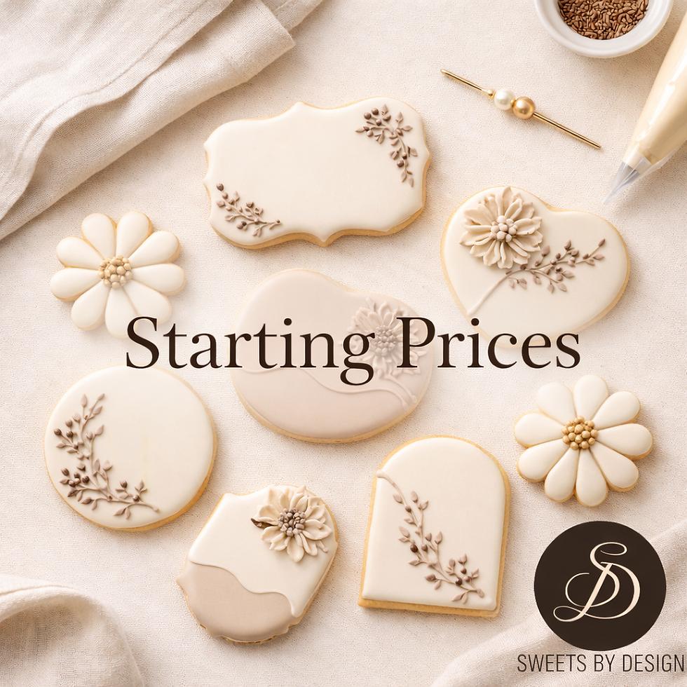 Warm flat lay of hand-decorated custom sugar cookies on a cream linen background.