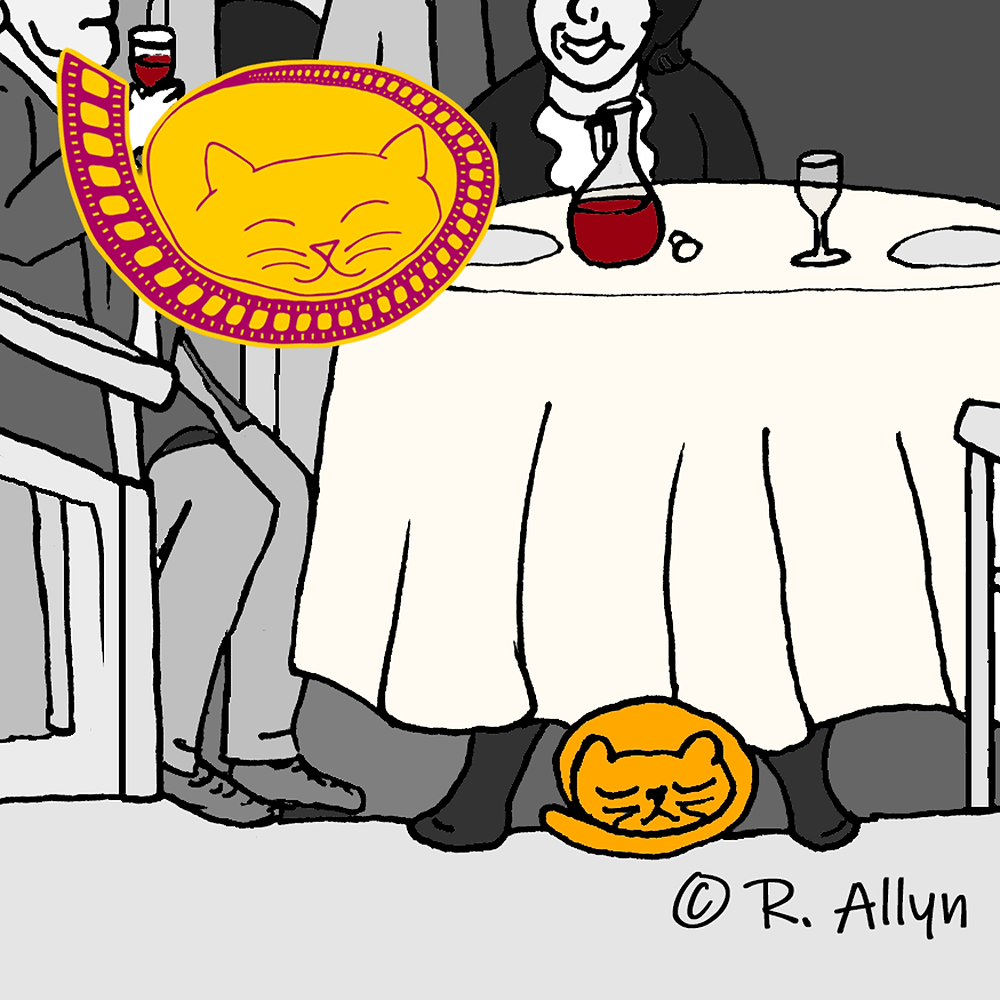 Illustration of a cat under the dinner table from the movie Arsenic and Old Lace