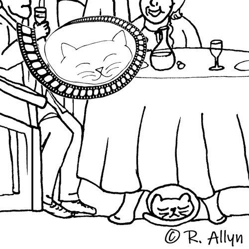 Illustration of a cat under the dinner table from the movie Arsenic and Old Lace