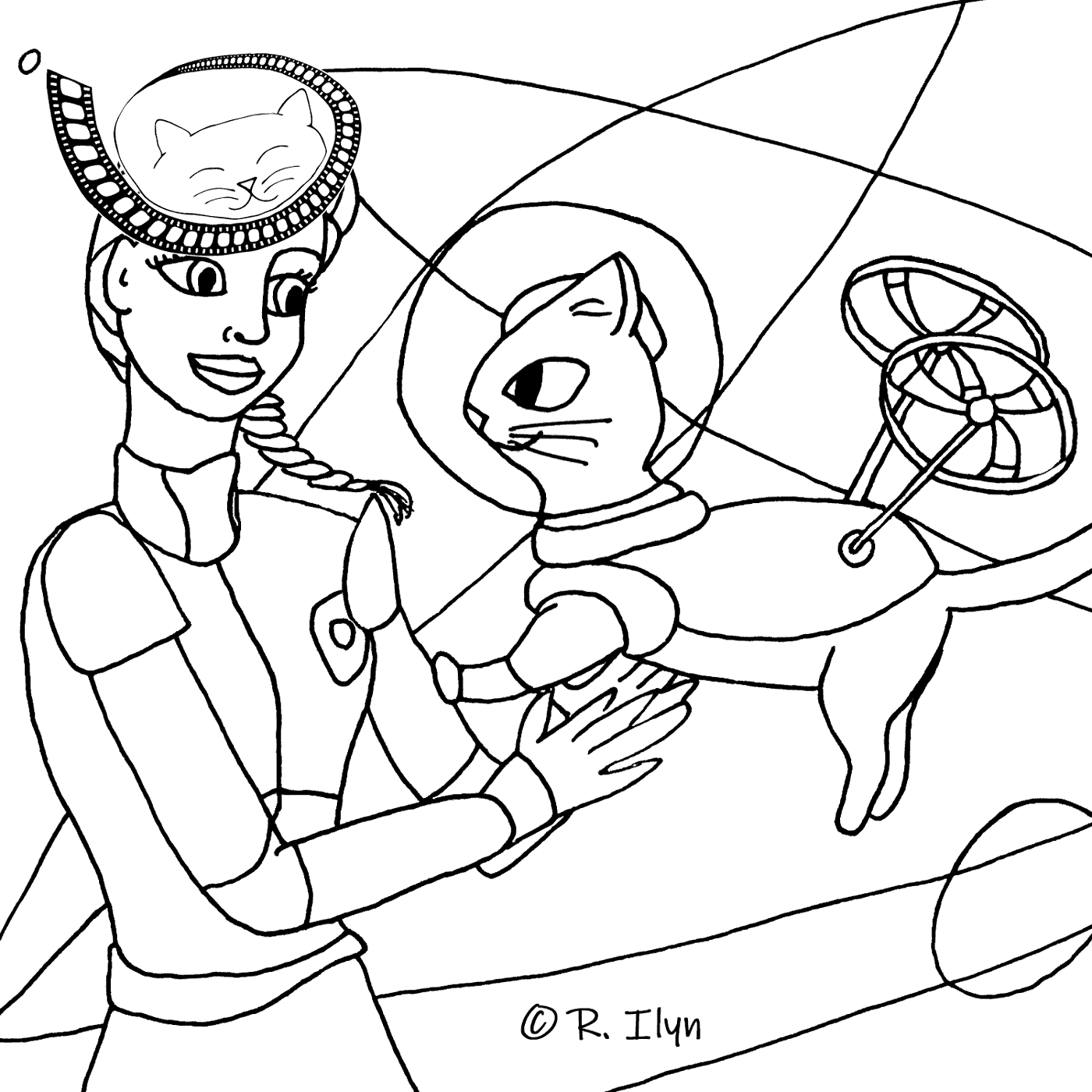 Illustration of Barbie holding space-cat Pupcorn from the movie Barbie: Star Light Adventure