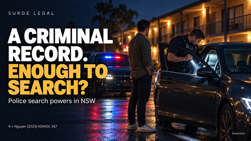 Illustration of a police officer searching a car outside a motel at night, with a driver standing beside it and the headline “A criminal record. Enough to search?”