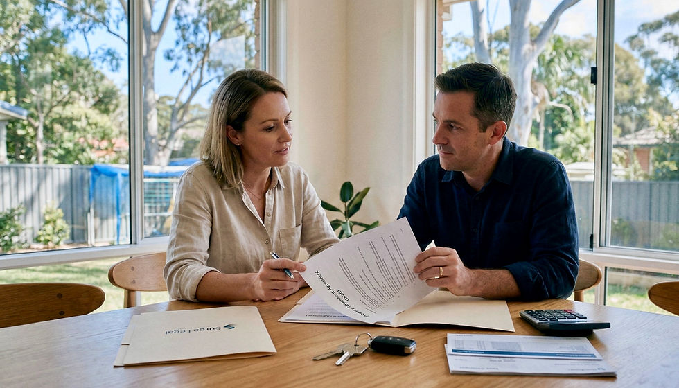 A man and a woman at a wooden table discussing property settlement documents in a bright, modern room. Surge Legal branding is visible on a folder.