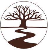 Circular emblem featuring a leafless tree and winding path