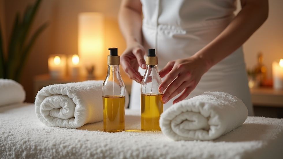 Close-up view of a massage therapist preparing oils and towels in a spa