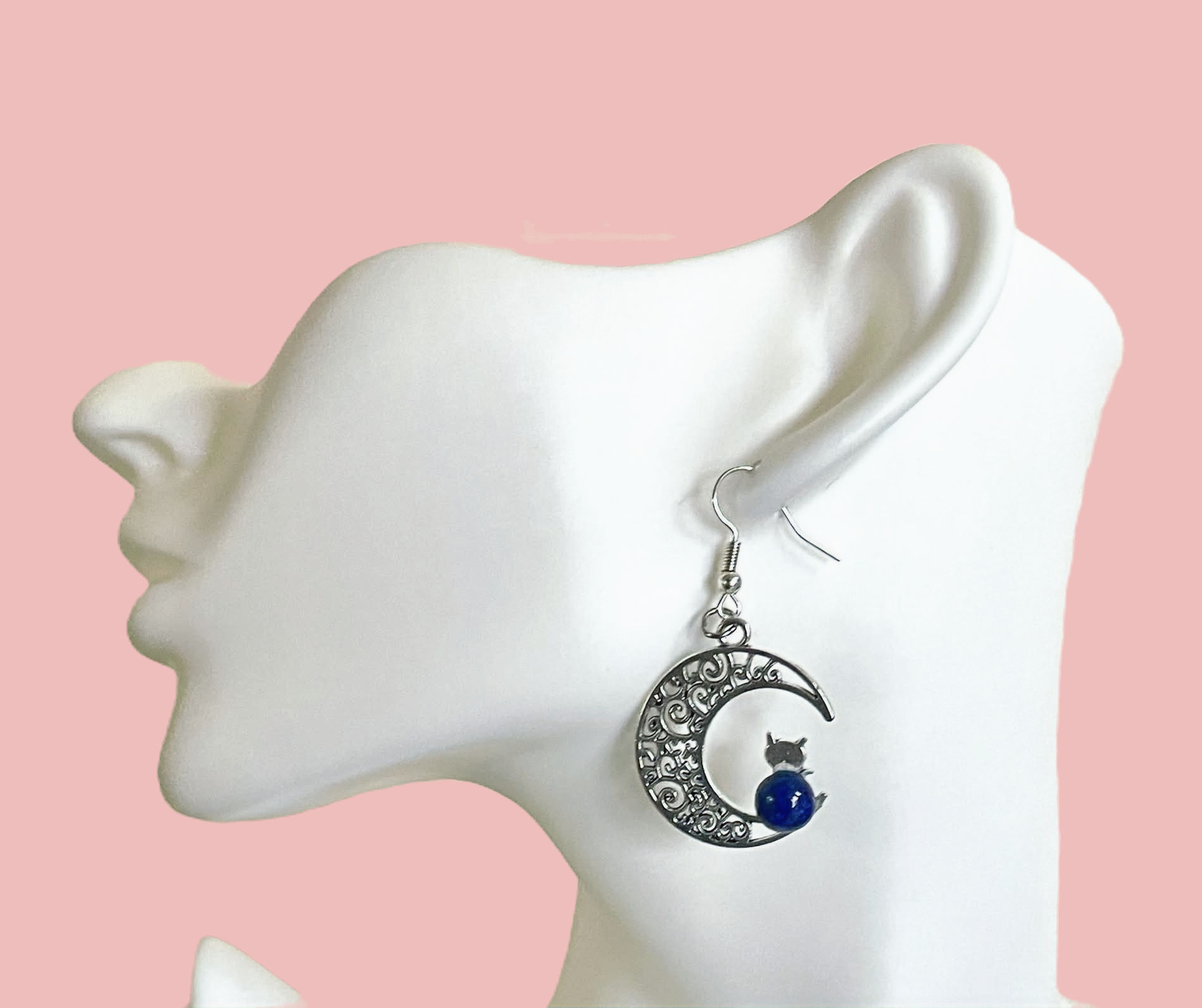 Boucles D'Oreilles Chat sur la Lune Lapis Lazuli