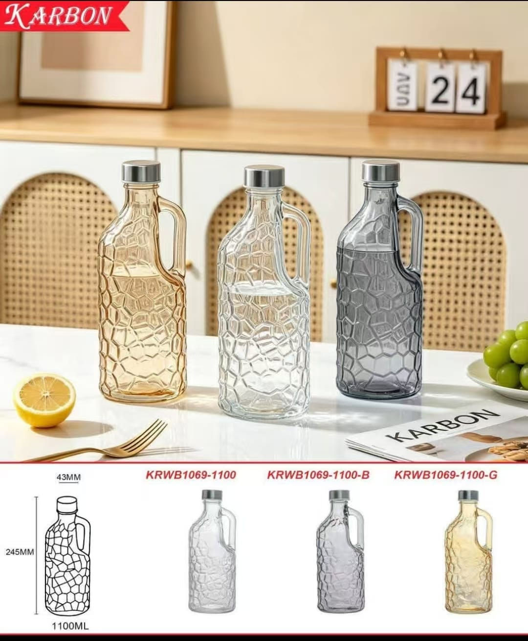 Glass Bottle with handle  (1100ml)