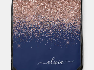 Best Price! Navy Blue Rose Gold Blush Pink Glitter Monogram Drawstring Bag