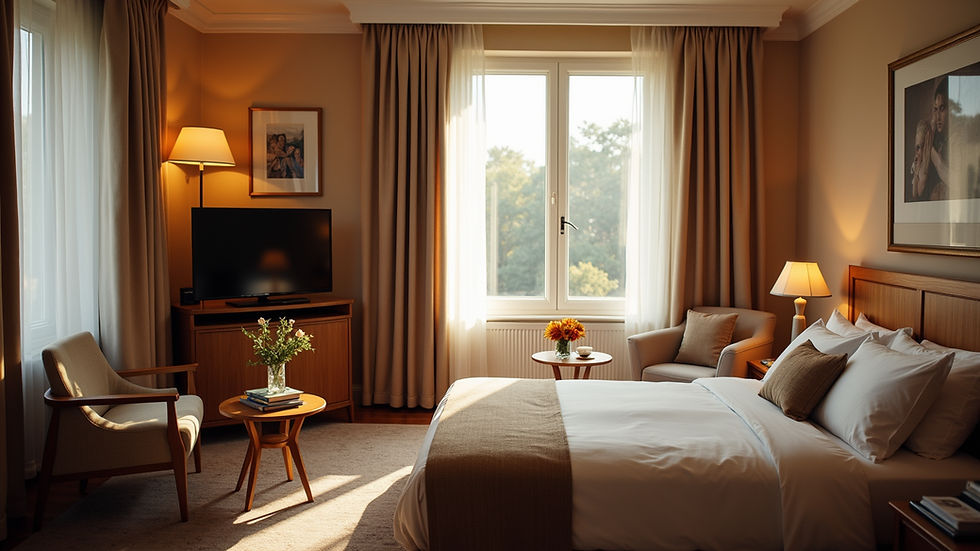 High angle view of a cozy hotel room with inviting decor