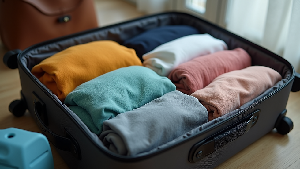 Close-up of neatly packed suitcase with organized clothes and travel essentials