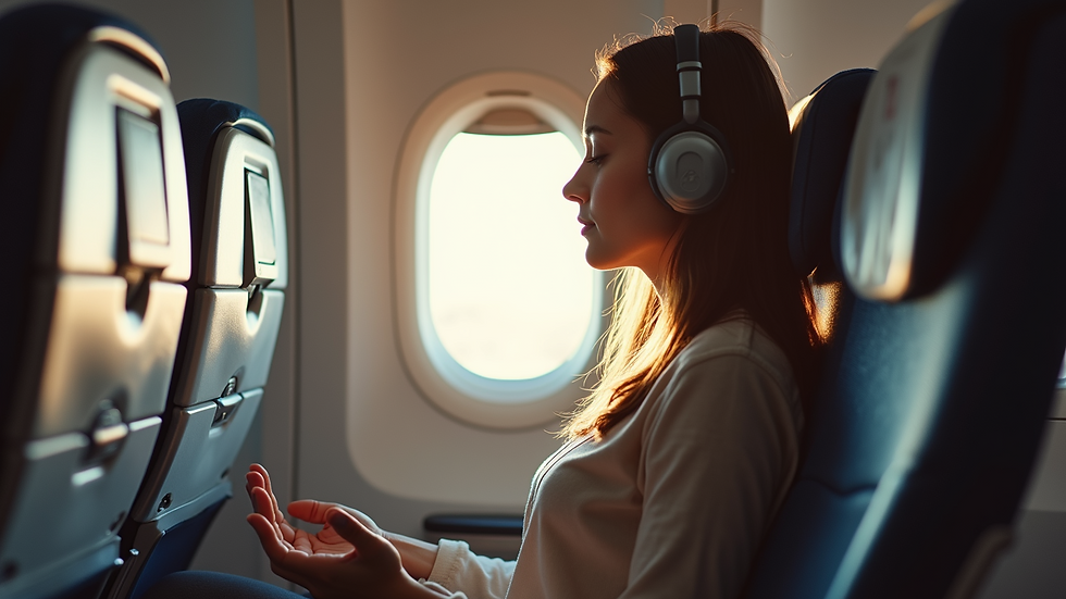 Eye-level view of a traveler meditating with headphones on a plane