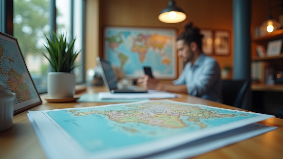 Eye-level view of a travel agent’s desk with maps and brochures