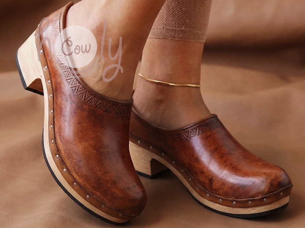 Boho Crazy Brown Leather Clogs