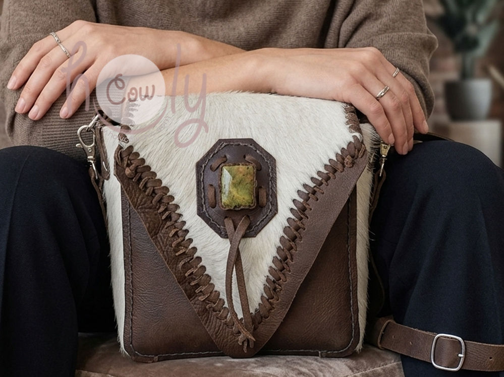 Cowhide Shoulder Bag With Gemstone