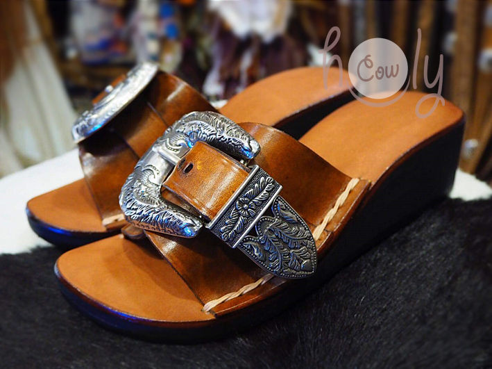 Hand Stitched Adjustable Brown Leather Buckle Platform Sandals