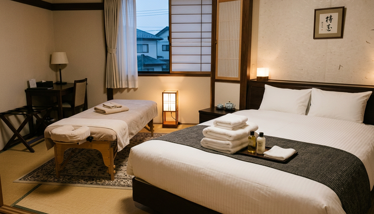 Eye-level view of a quiet hotel room prepared for a massage near Narita Airport