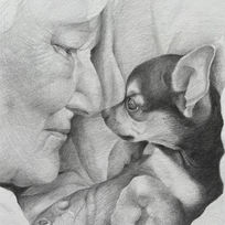 En "El amor de mamá", retrato la tierna conexión entre mi suegra y su perrito. El dibujo captura el amor incondicional y el cuidado que mi suegra brinda a su compañero peludo, tratándolo con ternura y devoción. A través de los delicados trazos de grafito, transmito la relación afectuosa entre una madre y su amado perrito.