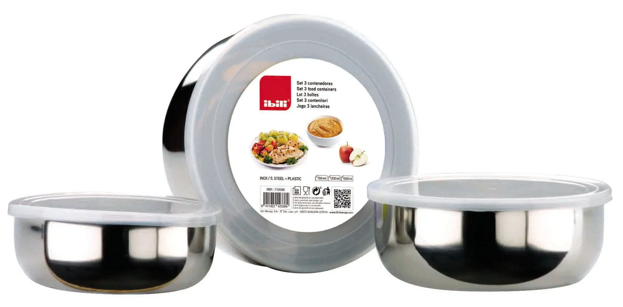 Tre contenitori Bialetti in acciaio inox con coperchi per alimenti.