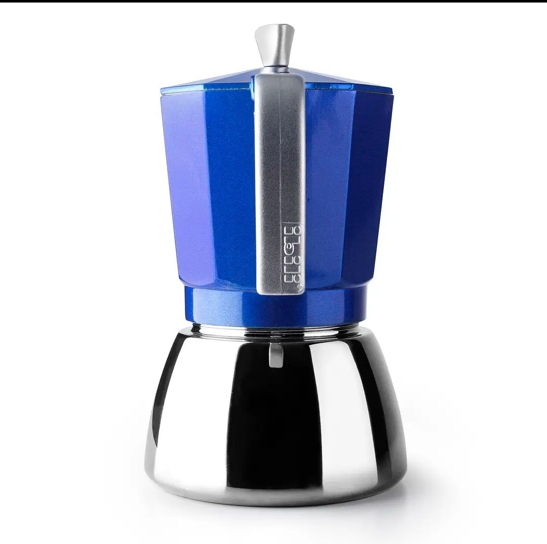 Caffettiera moka blu in alluminio per caffe espresso resistente uso cucina quotidiano manico ergonomico