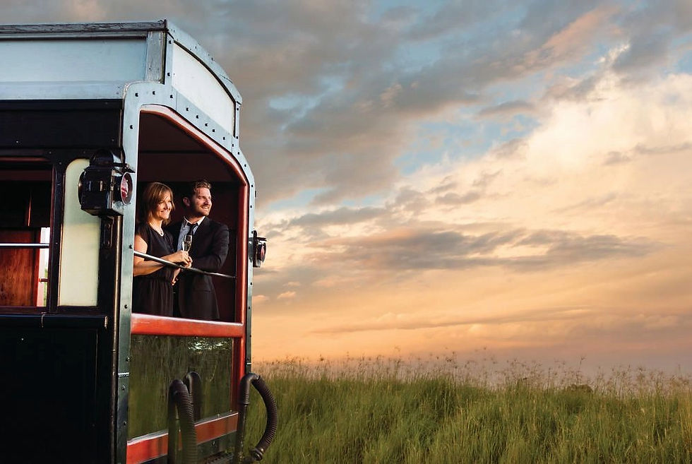 Couple in formal attire enjoying a train ride, holding glasses, against a scenic sunset sky and grassy field. Romantic and serene mood.