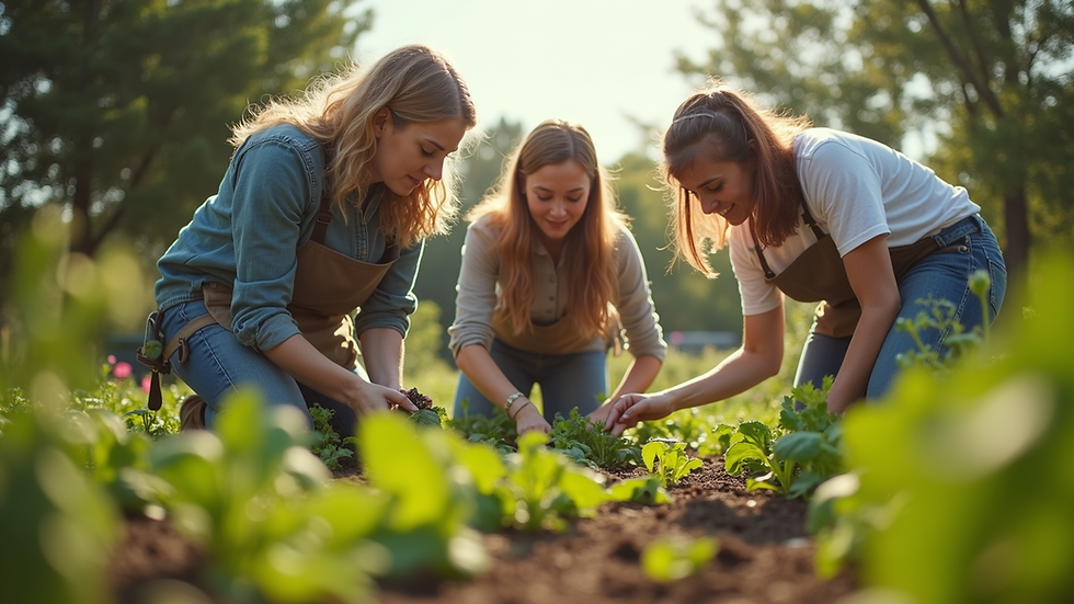 Eye-level view of a group of volunteers working together in a community garden