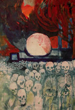 Painting by Caeria Strong of an apocalyptic scene with massed monochrome skulls receding into the distance against a factory under a swirling, livid red, grey and black sky