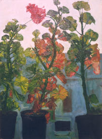 Oil painting by Caeria Strong depicting tall plants viewed from ground level against a white building and the sky. 