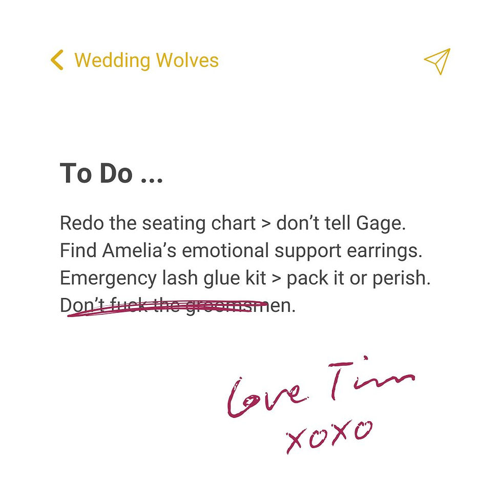 Wedding Wolves group chat Notes app to do list from Nina Levine's steamy billionaire romance novel, Yours Until Forever.