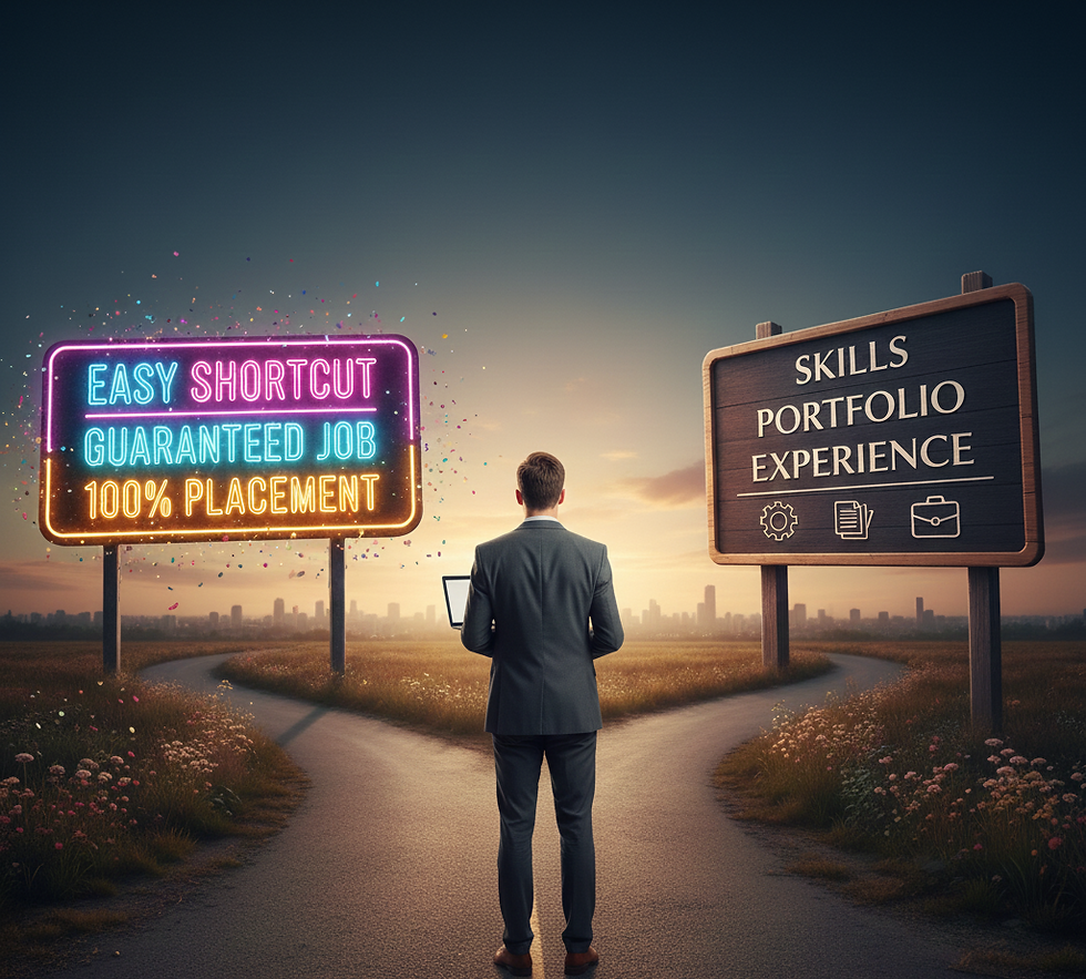 Illustration of a mid-career professional standing at a crossroads between a flashy “Guaranteed Job” training path and a calmer “Skills, Portfolio, Experience” path, symbolising the choice between hype-driven bootcamps and real GRC growth.