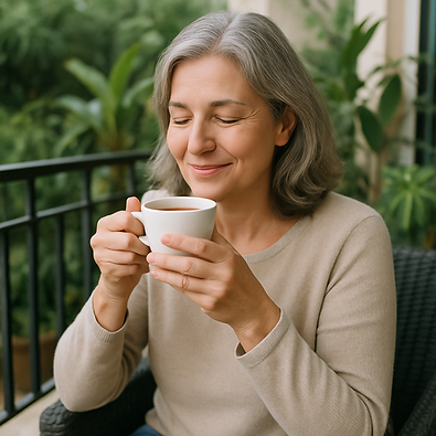 uma senhora calma que sofria de ansiedade e fez biofeedback cascais e biofeedback colares e biofeedback sintra e terapia quântica, está relaxada à varanda e muito calma