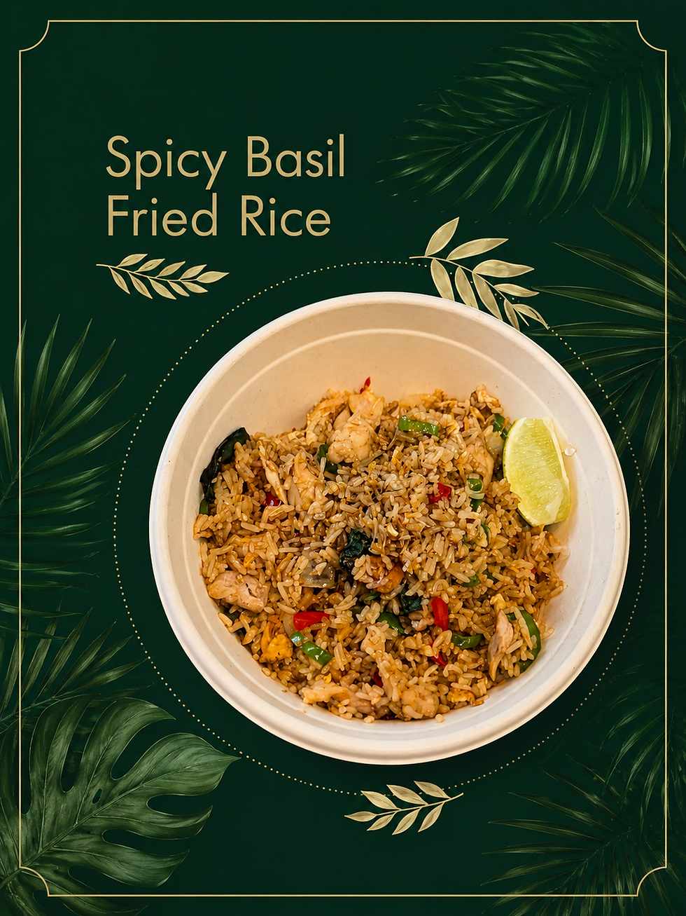 Poster with bowl of spicy basil fried rice and lime wedge on dark green tropical background, titled Spicy Basil Fried Rice Thai food at LIC food hall, Long Island Food Hall, Siam Thai, Braised Pork Leg,Green Curry, Spicy Basil Fried Rice, Siam Platter,Mango Sticky Rice, Coconut Rice Pudding