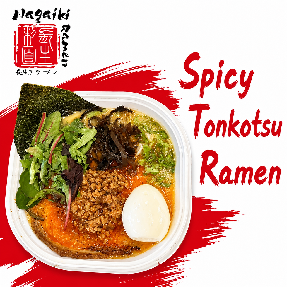 Spicy Tonkotsu Ramen in a white bowl with egg, greens, seaweed, and minced meat on a white background with red brush strokes. Lic food hall, Japanese food in LIC, Ramen, lic asian food